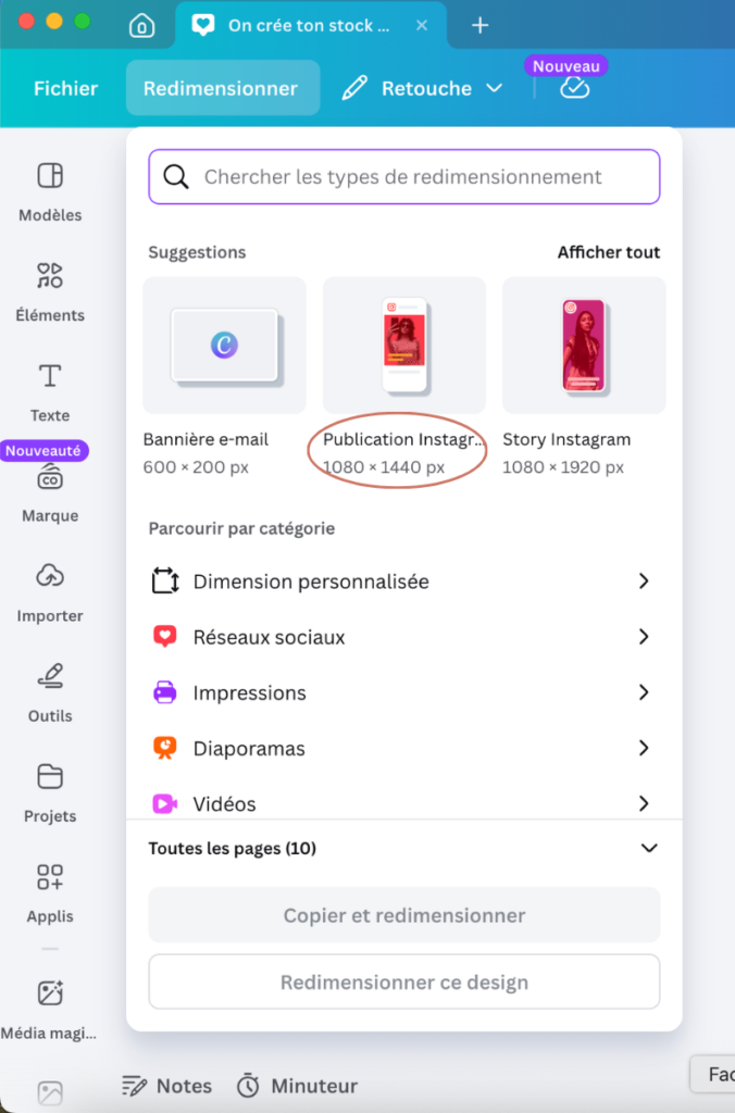 Redimensionner un visuel sur Canva pour le nouveau format Instagram